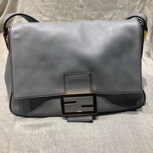 FENDI grey leather handbag with gold hardware.